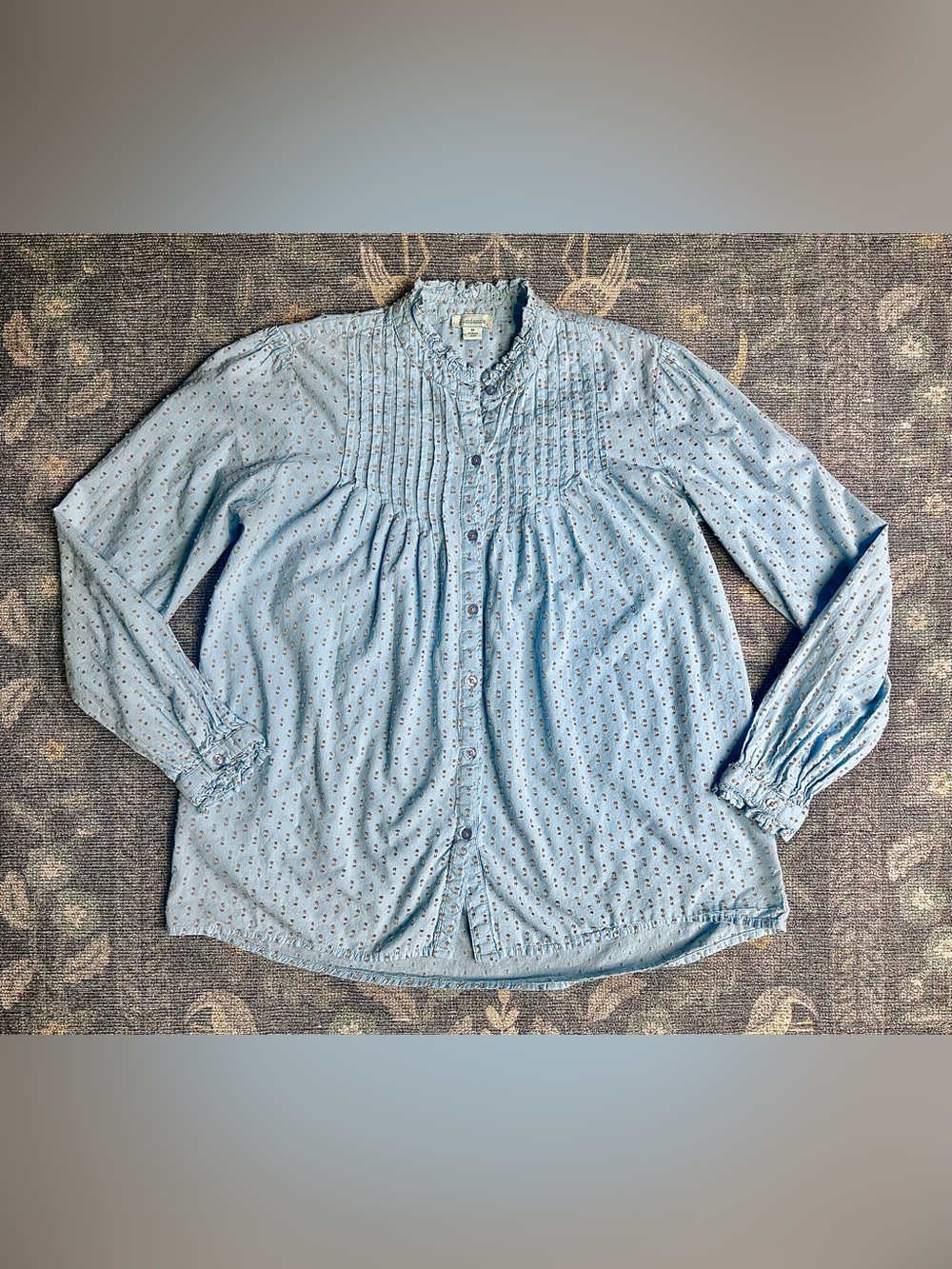 Sundance Phillipa Pintuck Button Down Pleated Swiss Dot Baby Blue Blouse size M